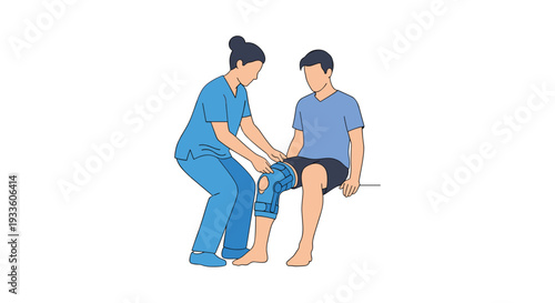 A female nurse in blue scrubs kneels to adjust a black knee brace on a male patient seated on a white examination bench.