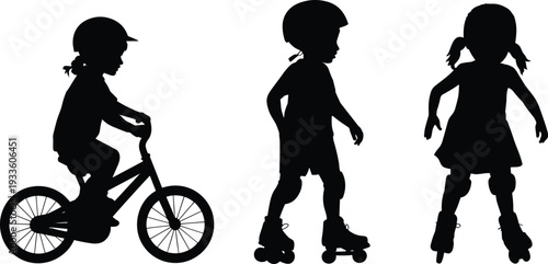 Silhouette of Kids Riding Bicycle and Roller Skating Isolated on White Background, Active Children Outdoor Recreation and Healthy Lifestyle Concept Illustration