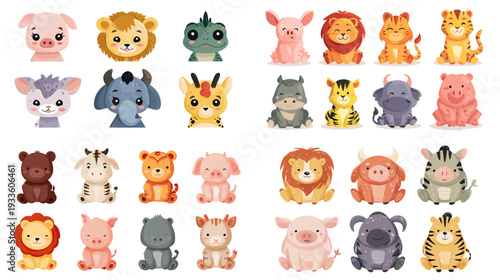 Cute watercolor animal icon set with cartoon baby creatures in bright colors, perfect for kids design, nursery decor, stickers, games, learning materials and children prints.