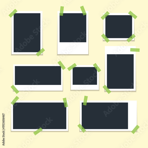 Photo frames fixed with adhesive tape on a soft color background. Photo frame on isolated.
