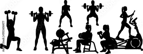 Female fitness silhouette set, woman workout exercise collection, gym training poses, weightlifting, cardio, isolated vector, white background illustration