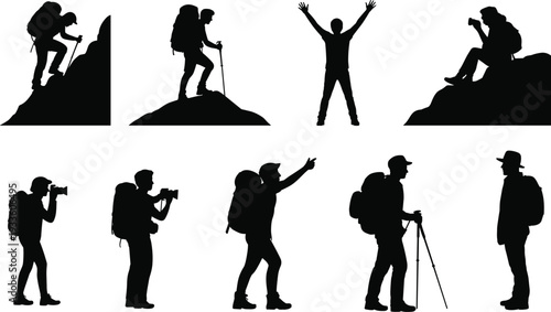 Silhouette of Hikers and Backpackers Climbing Mountains Isolated on White Background, Adventure Travel Trekking and Outdoor Exploration Concept Illustration