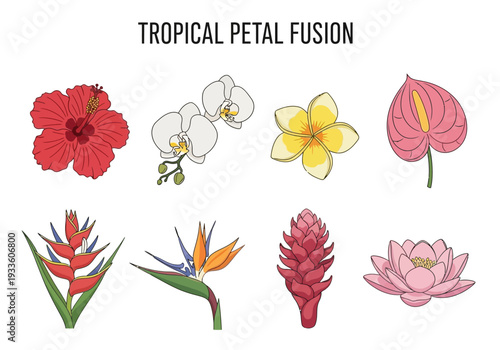 A vibrant collection of exotic tropical flowers and blooming plants, showcasing diverse colors and shapes