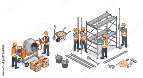 Multiple construction workers in hard hats and orange vests operate a cement mixer and assemble scaffolding on a white background.