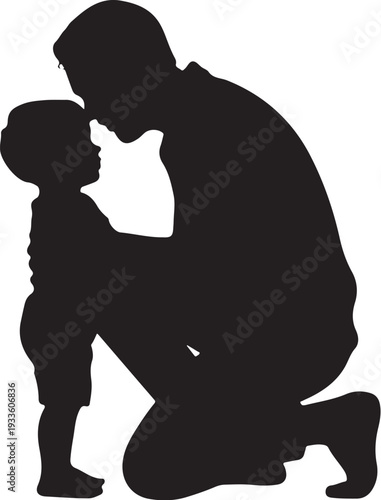 Black silhouette of man kissing little boy on forehead