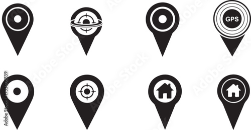 A collection of professional black map pin and GPS pointer icons, featuring various styles including home markers, target sights, and minimalist location droplets.