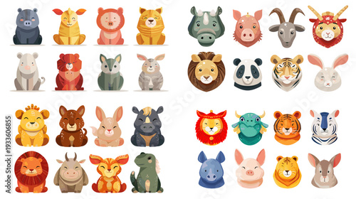 Watercolor animal character set with full body cute cartoon zoo and farm animals, perfect for children books, nursery posters, stickers, classroom materials and playful designs.