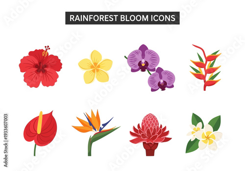 Set of Colorful Tropical Flower Icons with Exotic Bloom Designs for Nature and Travel Themes
