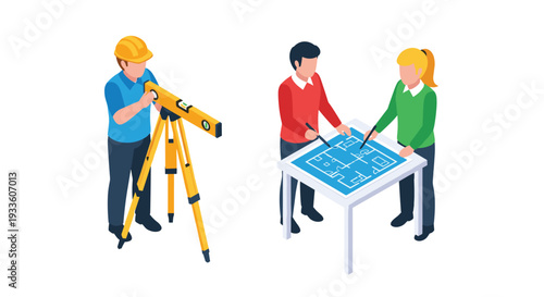 A construction worker operates a surveying level while two architects examine a blueprint on a table against a white background.