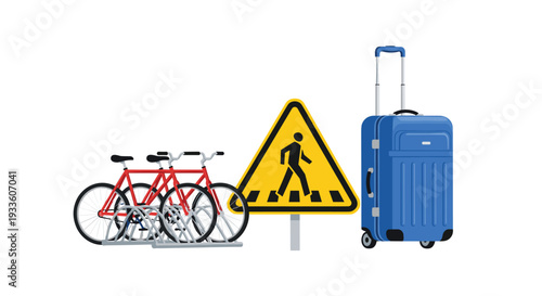 A bicycle rack with two red bicycles, a yellow pedestrian crossing sign, and a blue rolling suitcase are arranged on a white background.