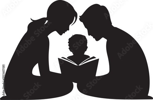 Black silhouette of two adults and a child reading a book together