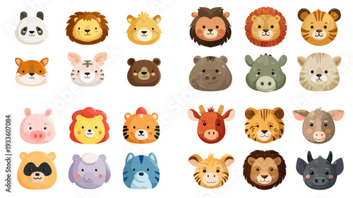 Cute watercolor animal face icons set with cartoon safari and farm characters, perfect for kids design, nursery decor, stickers, learning materials and baby shower cards.