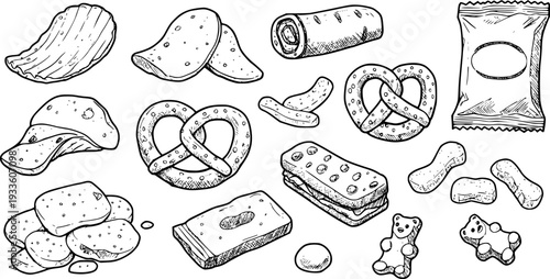 Hand-drawn sketch collection of various snack foods: chips, pretzels, gummy bears, crackers, sandwiches, and more. Black and white line art illustration of popular treats.