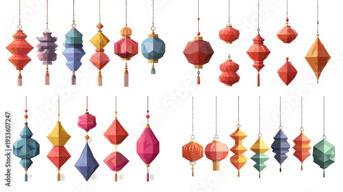 Colorful hanging paper lantern ornament set with traditional Asian festival decor, perfect for Chinese New Year, Mid Autumn celebration, party invitations and festive backgrounds.