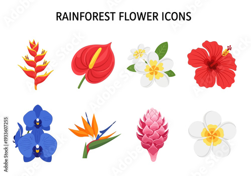 Collection of Exotic Rainforest Flowers and Tropical Blossoms in Icon Format