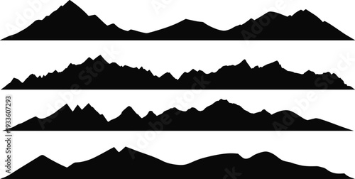 Silhouette of Mountain Range Set Isolated on White Background, Black Landscape Collection with Hills and Peaks Nature Illustration
