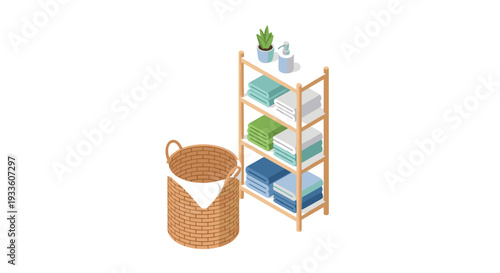 A woven laundry basket containing a white cloth is positioned beside a wooden shelving unit holding folded towels and bathroom items.
