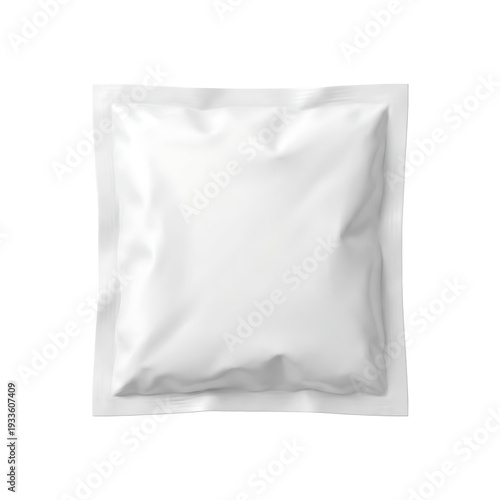 Blank white square foil sachet isolated on a clean background, perfect for product mock-ups.