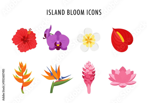 Tropical floral icon set featuring hibiscus, orchid, plumeria, anthurium, bird of paradise, ginger, and lotus flowers in a vibrant palette for design and decoration