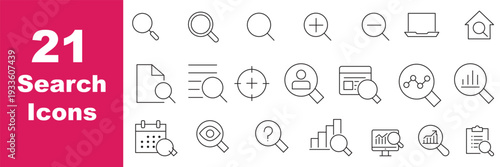 Search thin line icons set. Magnifying glass, find, zoom icon. Editable stroke. Vector
