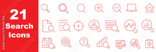 Search thin line icons set. Magnifying glass, find, zoom icon. Editable stroke. Vector