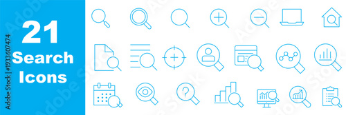 Search thin line icons set. Magnifying glass, find, zoom icon. Editable stroke. Vector