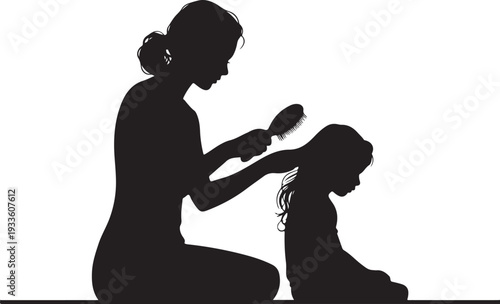 Black silhouette of woman brushing little girl's hair