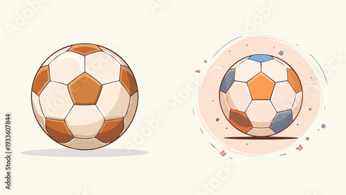 Two soccer balls, one realistic and one stylized, presented side-by-side for comparison and contrast in sports design
