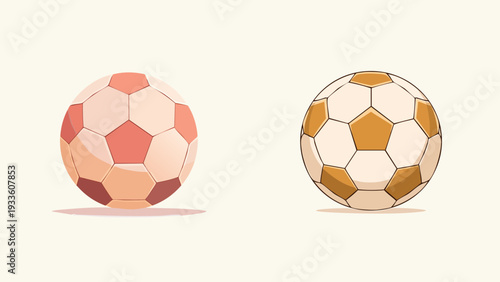 Stylized vector illustration featuring two distinct classic footballs, one in warm reddish-pink and the other in gleaming gold and white, presented side by side as vibrant sports equipment graphics