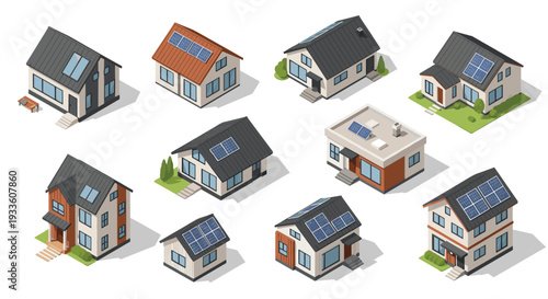 A diverse collection of nine modern isometric houses, each with solar panels on their roofs, stands on a clean white background.