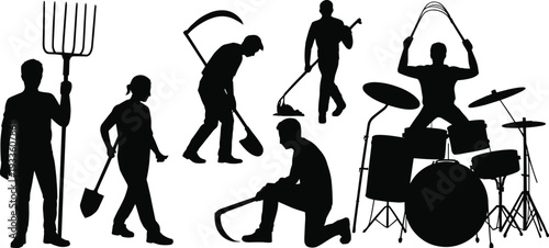 Silhouette set of workers and musician with farming tools and drum kit isolated on white background, agriculture and labor concept collection