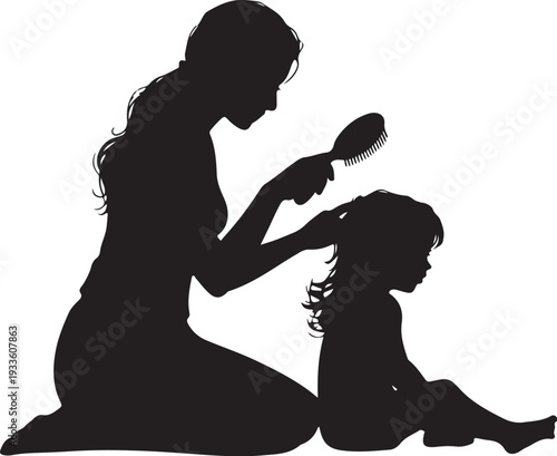 Black silhouette of woman combing little girl's hair