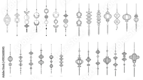 Hanging decorative ornament set with line art lantern shapes and beaded pendants, ideal for festive design, Ramadan decor, wedding invites and elegant background elements.