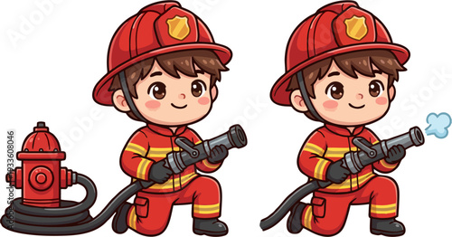 Cute Firefighter Boy Cartoon with Fire Hose and Hydrant, Kids Fire Safety Character Illustration (Two Poses)