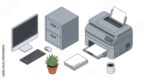 An isometric office setup featuring a monitor, keyboard, mouse, filing cabinet, printer, potted plant, and coffee cup is arranged on a white background.