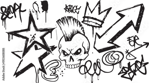 A set of black hand-drawn silhouettes featuring various ground cracks, impact craters, and surface destruction patterns.