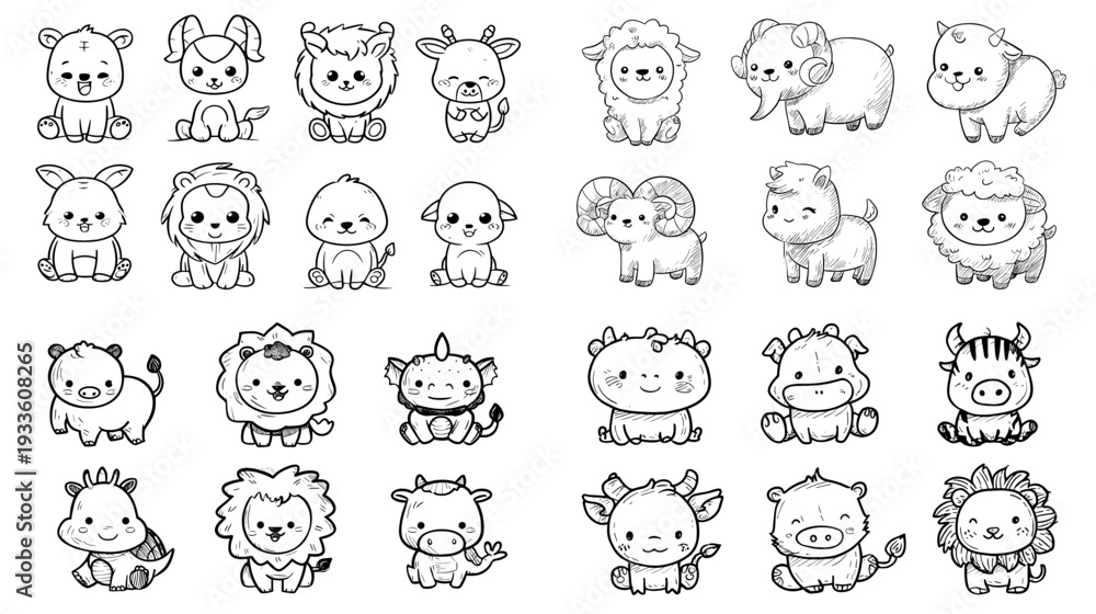 Obraz premium Black and white hand drawn kawaii farm and zoo animal faces icon set, perfect for kids coloring pages, stickers, mascots, educational prints and simple logo design.