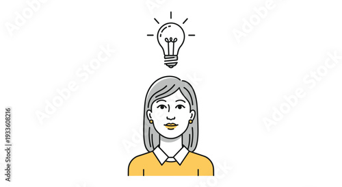 A stylized illustration of a woman with grey hair and a yellow top features a glowing lightbulb hovering above her head on a plain white background.