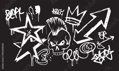 A gritty, black and white collection of hand-drawn punk rock and street art elements, featuring a mohawk skull, stars, crowns, and edgy graffiti tags.