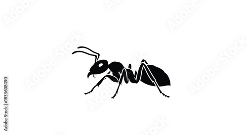 A stark black silhouette of an ant is depicted in profile, showcasing its segmented body and antennae, sharply contrasted against a pure white background.