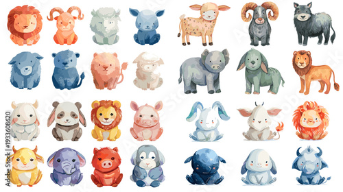 Colorful watercolor style baby animal set with cute cartoon wildlife characters, ideal for children illustrations, nursery posters, greeting cards and educational design.