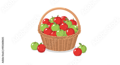A brown wicker basket filled with a vibrant assortment of red and green apples sits on a white surface with additional fruit scattered around.