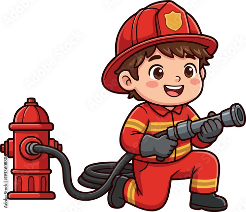 Cute Cartoon Firefighter Boy Kneeling with Fire Hose and Red Hydrant – Kids Character Vector Illustration