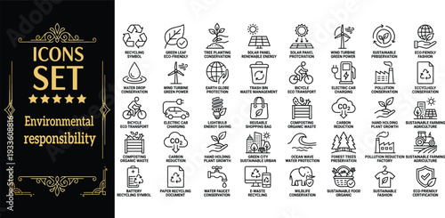 Collection of icons representing environmental responsibility and sustainability concepts in a simple line art style