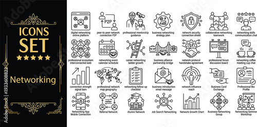 Collection of networking icons set in a graphic design layout on a white background