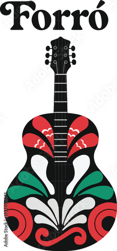 Vibrant guitar illustration with Forró style floral design
