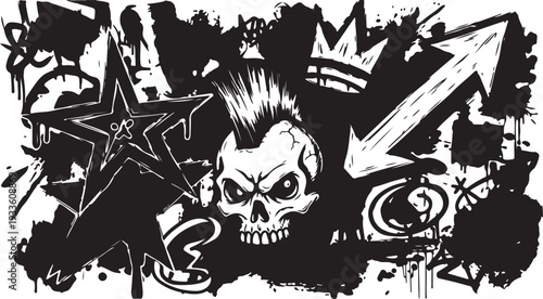 A bold, high-contrast urban street art composition featuring a mohawk skull, dripping stars, and graffiti-style arrows. This gritty, underground design captures the raw energy of punk rock subculture.