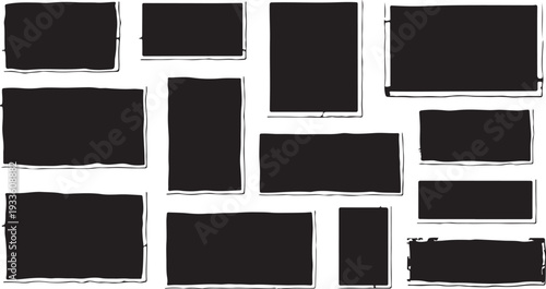 A collection of black rectangular text boxes and frames with a grungy, hand-drawn aesthetic. These versatile graphic elements feature rough, irregular borders.