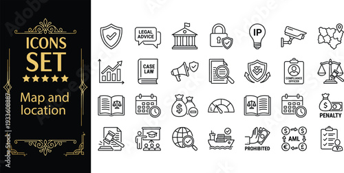 Set of map and location icons displayed on a white background with various symbols