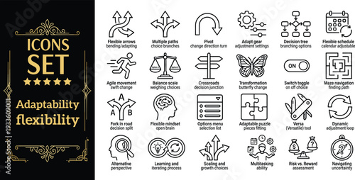 A collection of icons representing various concepts and objects, showcasing adaptability and flexibility in a simple line art style